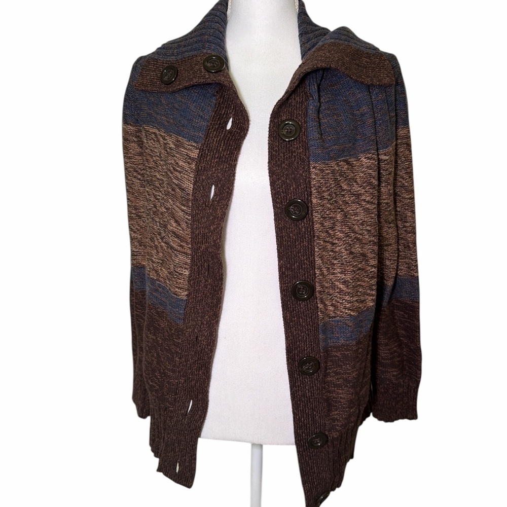 Pendleton Blue and Brown Ribbed Collar Knit Cardigan 100% cotton Medium